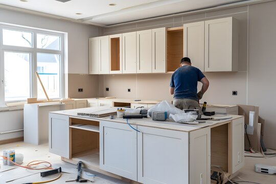 kitchen installation. Worker assembling furniture