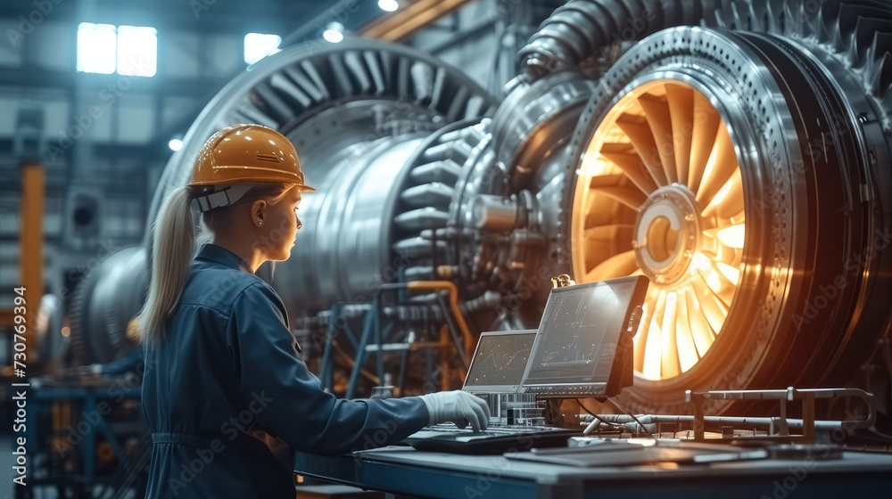 Poster Factory Industrial Engineer Works on the Personal Computer Designing Turbine inside the Heavy Industry, Engine in 3D, Using CAD Program. Generative AI.