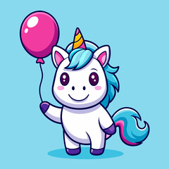Cute Unicorn With Balloon Vector Icon Illustration. Unicorn Mascot Cartoon Character. Animal Icon Concept White Isolated. Flat Cartoon Style Suitable for Web Landing Page
