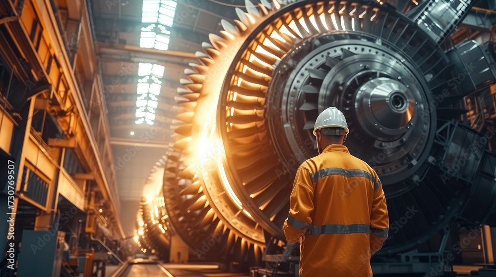 Poster Factory Industrial Engineer Works on the Personal Computer Designing Turbine inside the Heavy Industry, Engine in 3D, Using CAD Program. Generative AI.