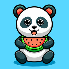 Cute Panda Eating Watermelon Cartoon Vector Icon Illustration. Animal Food Icon Concept Isolated Premium Vector.