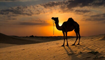 A camel in the desert, sand in Egypt, sunset, evening, dark