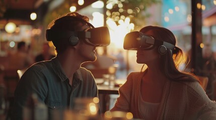 Young man and woman wearing virtual reality glasses looking at each other, technology and innovation concept