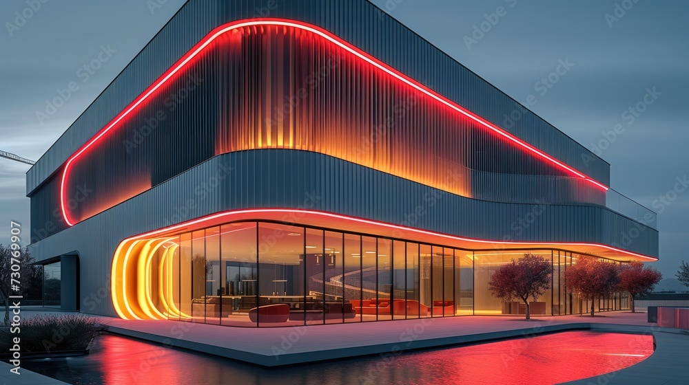 Poster a rectangular 3 story building with a parametric thin horizontal wave like louvers, they light up wi