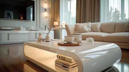 A coffee table in a luxurious apartment. Generative AI.