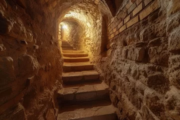 Foto op Canvas Underground tunnel with stairs, medieval dungeon made of bricks and rocks © Fabio