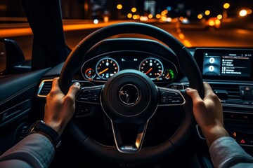 Close up shot of drivers hands firmly gripping the steering wheel while operating a modern car