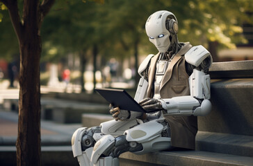 Naklejka premium Robot sit on bench work with laptop pc computer rest relax in sunshine spring green city park outdoors on nature. Urban leisure concept