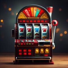 Slot machine on a dark background. Gambling. Generative AI.