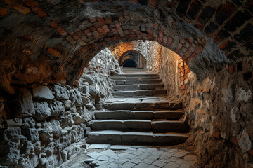 Underground tunnel with stairs, medieval dungeon made of bricks and rocks