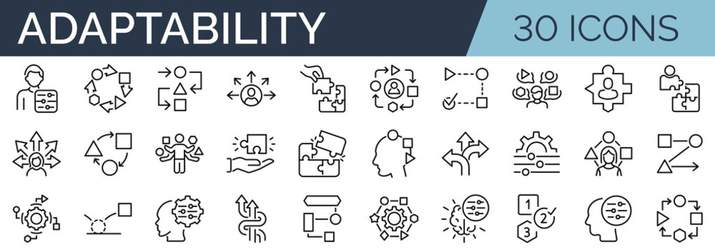 Set of 30 outline icons related to adaptability. Linear icon collection. Editable stroke. Vector illustration