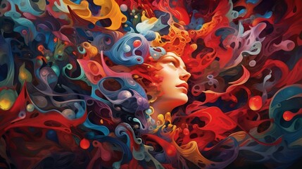 A colorful illustration of a girl hearing sounds hallucinations with vivid background. auditory hallucinations perceptual disturbance. schizophrenia. mental health conditions. - obrazy, fototapety, plakaty