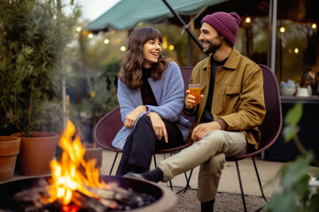 Young stylish couple enjoying wine and drinks by the fire pit. Embracing nature warmth and each other company in a blissful evening of summer romance and friendship