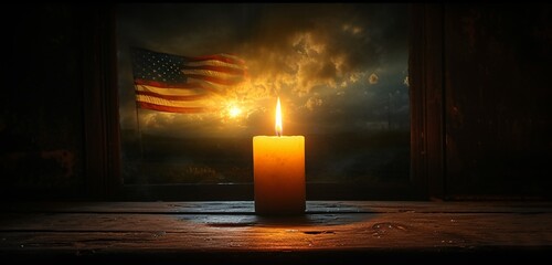 Candlelit Evening: A Glimpse of the American Flag Generative AI - obrazy, fototapety, plakaty