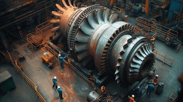 Workers are repairing flickering turbines in a steam turbine factory, surrounded by the smell of oil pipes. Generative AI.