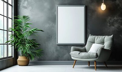 Minimalist modern living space with an elegant gray armchair, white framed blank artwork on a gray wall, white floor, and a green potted plant adding a touch of nature
