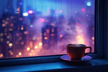 Steaming cup of coffee perched on window ledge of high rise condo with captivating view of cityscape during rainy day scene beautifully blends warmth of hot beverage with cool - obrazy, fototapety, plakaty