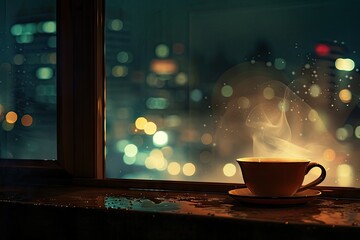 Steaming cup of coffee perched on window ledge of high rise condo with captivating view of cityscape during rainy day scene beautifully blends warmth of hot beverage with cool