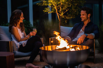 Young stylish couple enjoying wine and drinks by the fire pit. Embracing nature warmth and each other company in a blissful evening of summer romance and friendship