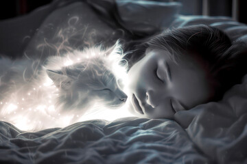 Child sleeps and is guarded by the ghost of her dead cat