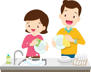 cute people washing dishes