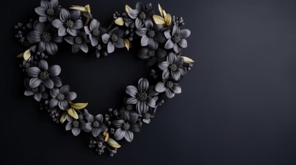 rip. black flowers in the shape of a heart. bouquet for Valentine's Day, Women's Day, funeral. space for text