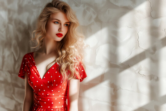 Blonde sexy girl in a red polka dot dress with beautiful hair close-up portrait in pin-up style.