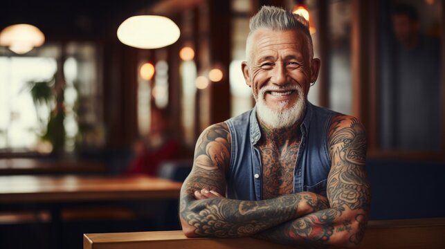 adult asian man with gray hair and tattoo smiling. drawing on the skin. average age. self-expression and beauty