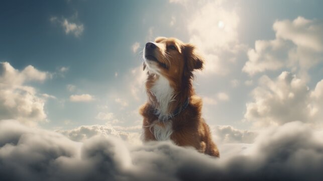 dog on the clouds. The puppy died and went to heaven and smiles. cute animal looks at the sky. life after death