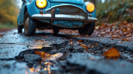Damaged asphalt road with old cars crossing it. After rain