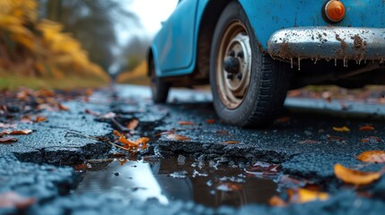 Damaged asphalt road with old cars crossing it. After rain