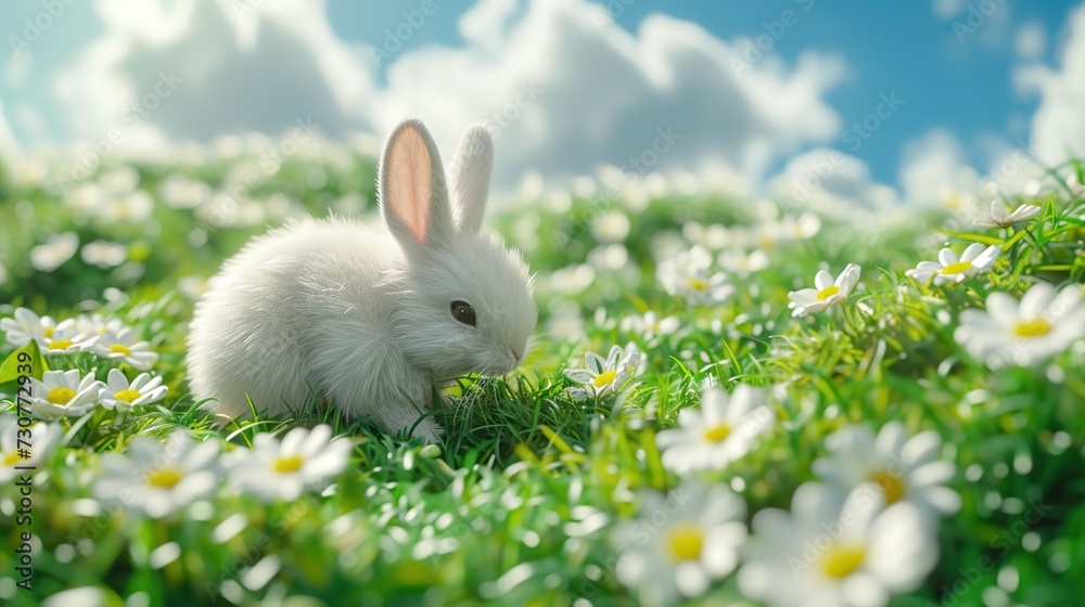 Wall mural A white cute rabbit grazing on the green grass with flowers. Animal and nature background