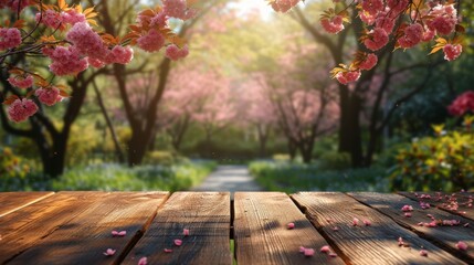 Empty wooden table in Sakura Flower Park with a sunny, blur garden background with a country outdoor theme. Template mockup for the display of the product.