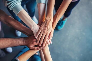 A top view of a group people stacking their hands together, symbolizing unity, teamwork, and mutual support with copy space.