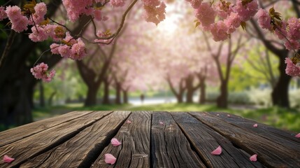 Empty wooden table in Sakura Flower Park with a sunny, blur garden background with a country outdoor theme. Template mockup for the display of the product.