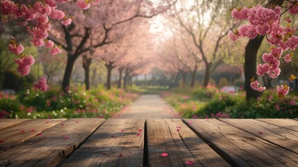 Naklejka na ściany i meble Empty wooden table in Sakura Flower Park with a sunny, blur garden background with a country outdoor theme. Template mockup for the display of the product.