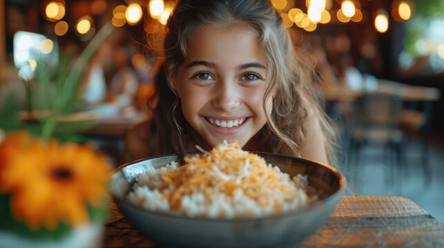 A girl is smiling as she eats a healthy bowl of rice for dinner. Generative AI.