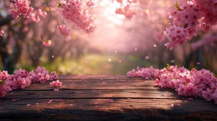 Empty wooden table in Sakura Flower Park with a sunny, blur garden background with a country outdoor theme. Template mockup for the display of the product.