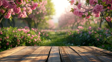Empty wooden table in Sakura Flower Park with a sunny, blur garden background with a country outdoor theme. Template mockup for the display of the product.