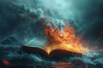 A Book Burning in the Ocean: A Surreal Image of the Monthly Event 'Burning Man' Meets the Latest Trend in Literature Generative AI - obrazy, fototapety, plakaty
