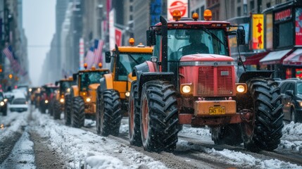 Tractors on a muddy the city street