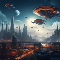 Sci-fi city skyline with flying cars 