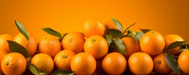Fresh juicy oranges on a orange background. Generative AI.