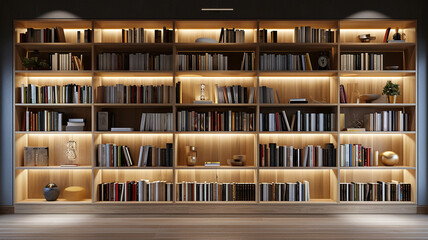 .A clean and sophisticated image of a well-organized bookshelf with minimalist design