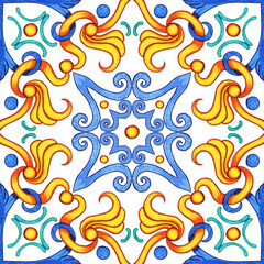 Majolica watercolor seamless pattern. Sicilian hand drawn ornament. Traditional blue and yellow ceramic tiles. Portuguese traditional azulejo pattern. Moroccan style..