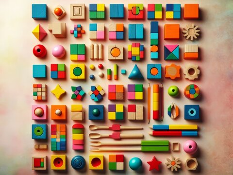 Colorful wooden blocks and wooden toys on pink background. Top view