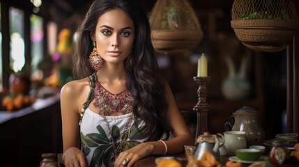 Beautiful woman with model looks, working in a cafe with local specialties in Bali.