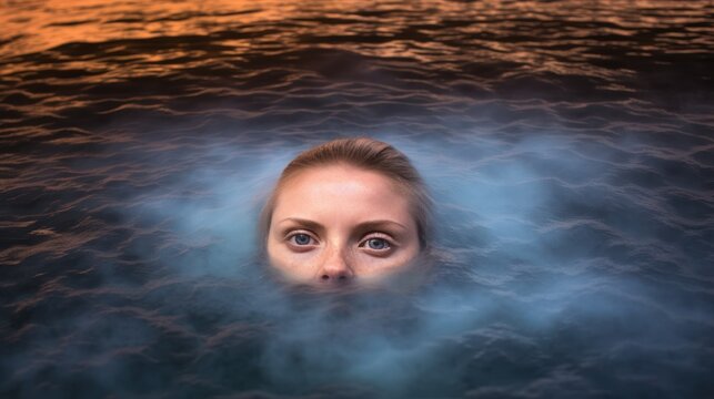 Beautiful woman with a model-like appearance swimming in a geyser lake in Iceland.