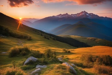 Obraz premium Mountain landscape at sunset golden hour