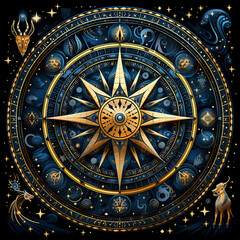 Stylized depictions of zodiac signs in celestial patterns.